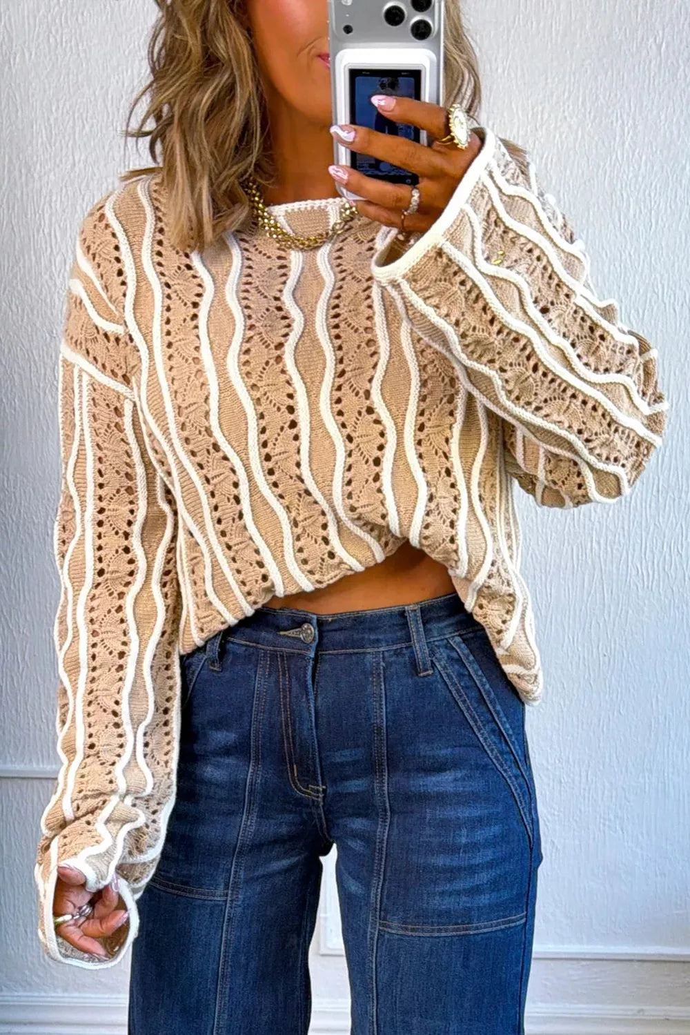 Contrast Wavy Striped Openwork Knit Top