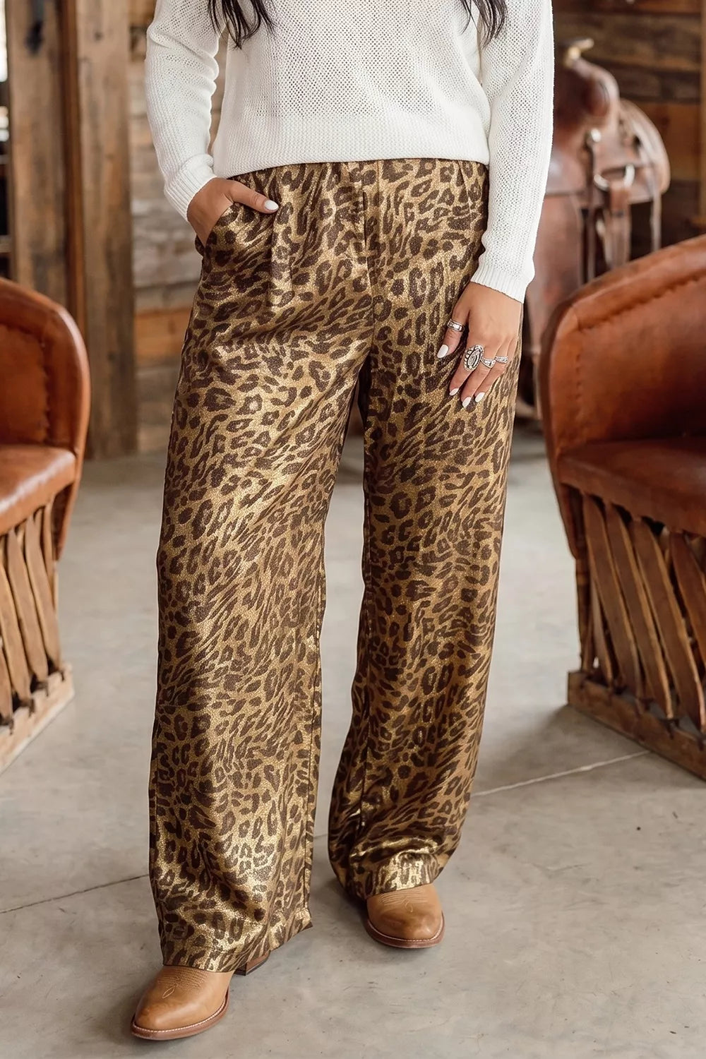 Multicolour Leopard Print Western Style Wide Leg Full Length Pants