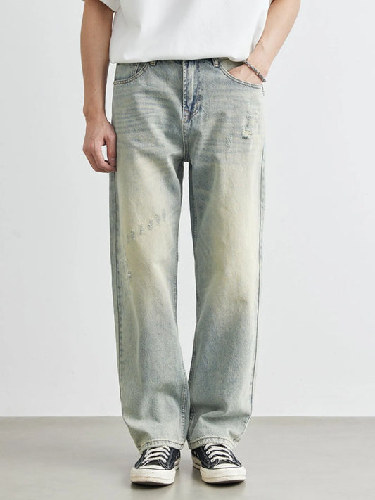 Men's Distressed Wash Wide Leg Jeans