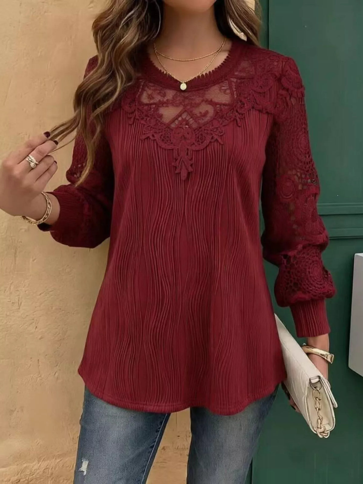 Lace Patchwork Long Sleeve Blouse