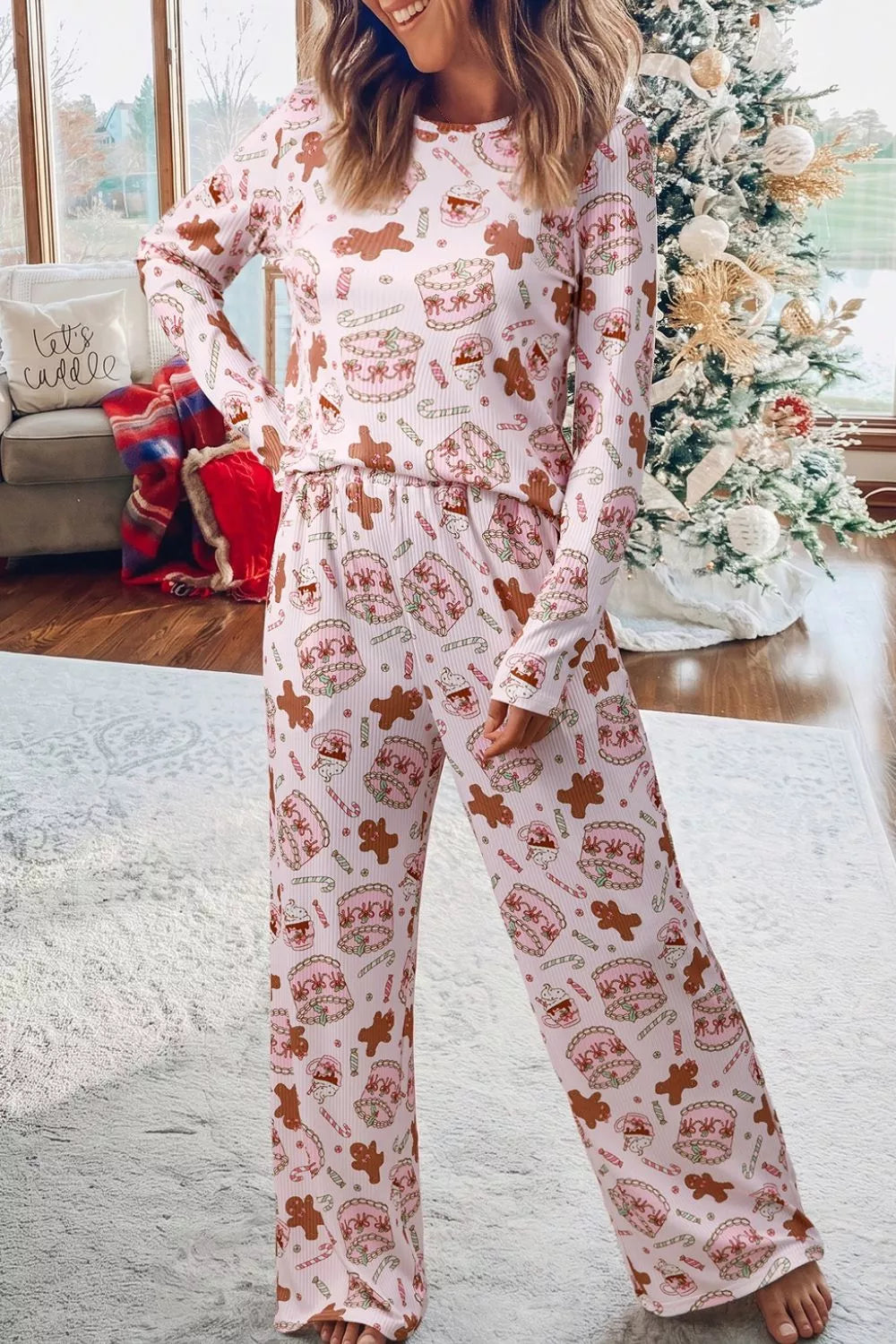 Abstract Christmas Print Long Sleeve Two Piece Lounge Set