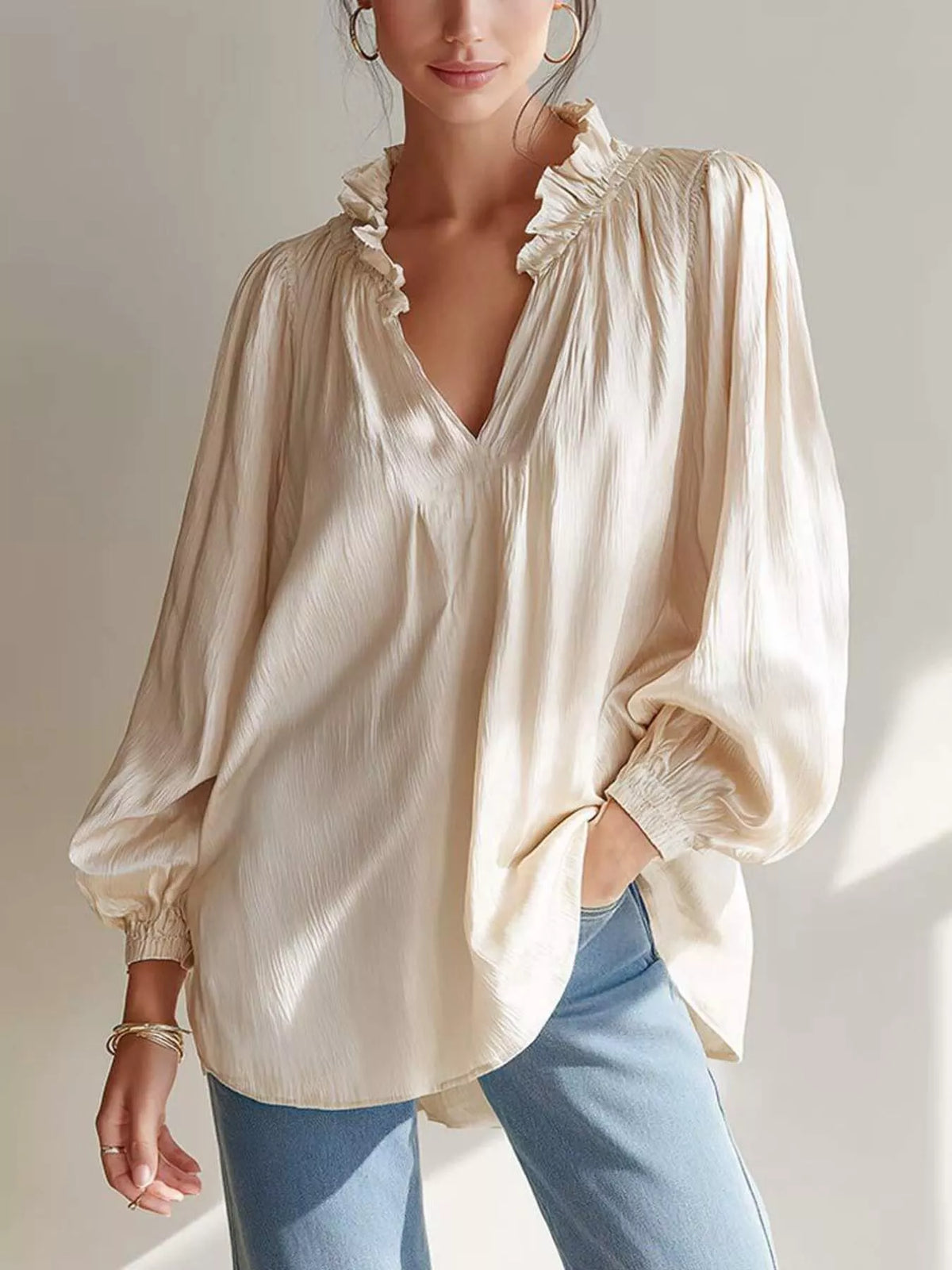 Ruffle Trim Long Sleeves Blouse