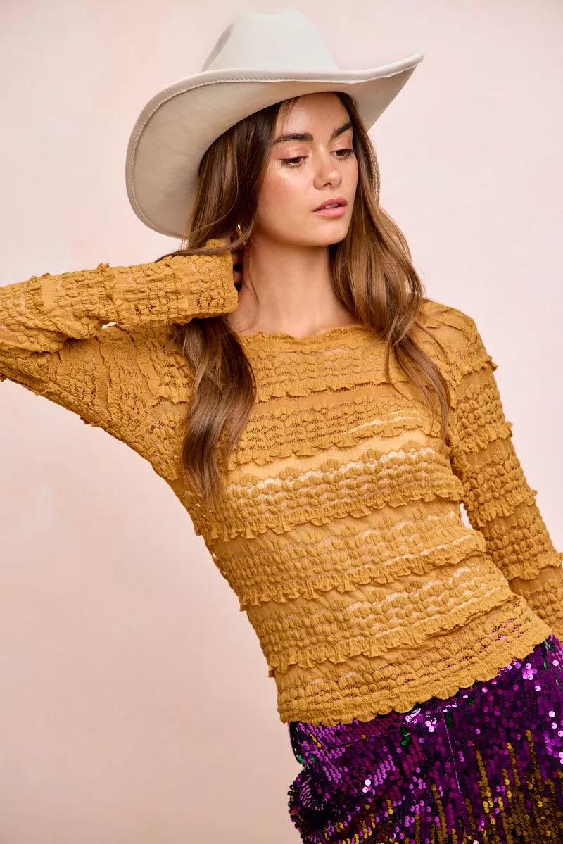 BiBi Ruffles Detail Mardi Gras Color Flower Lace Top