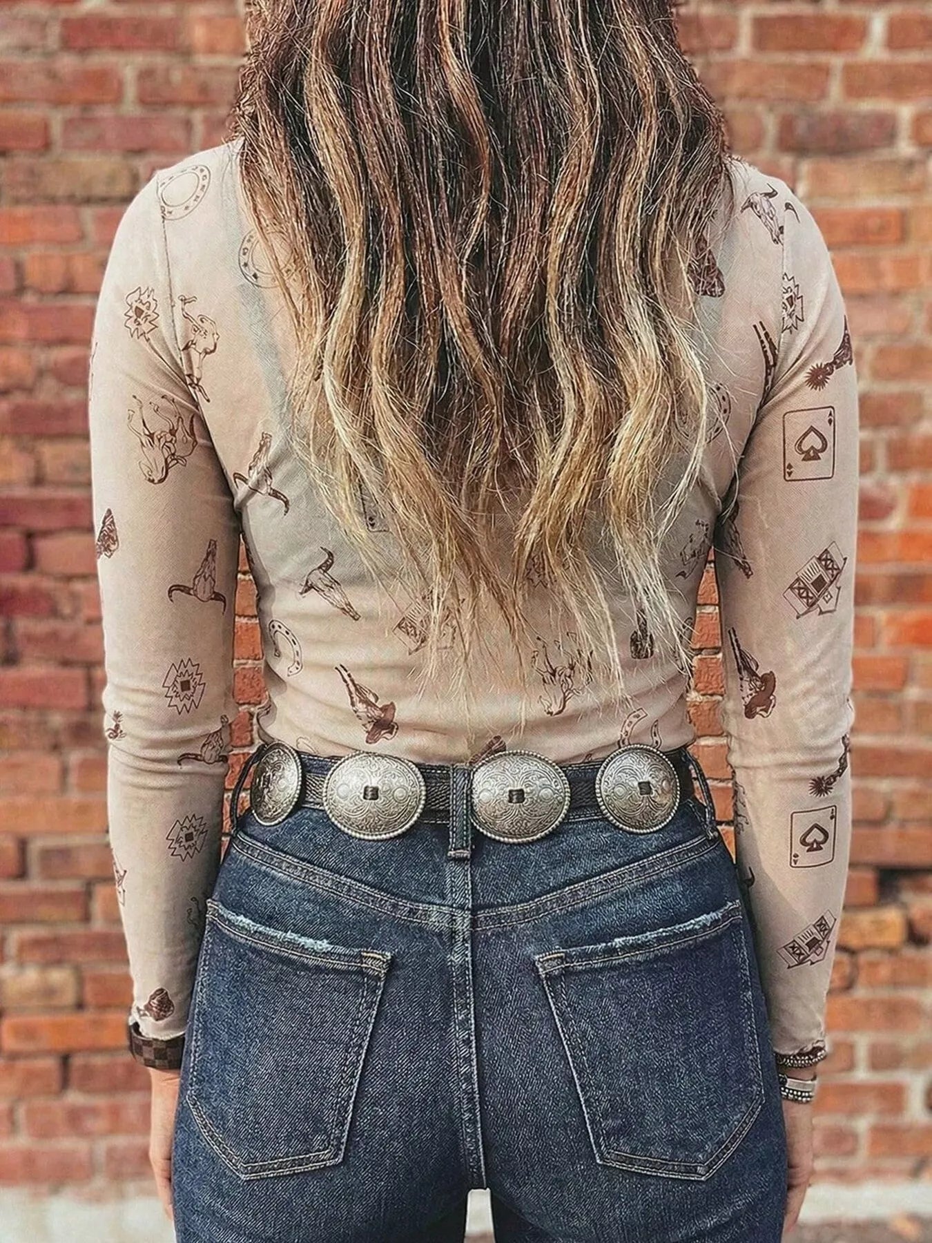 Printed Mesh Long Sleeve Slim Fit Top