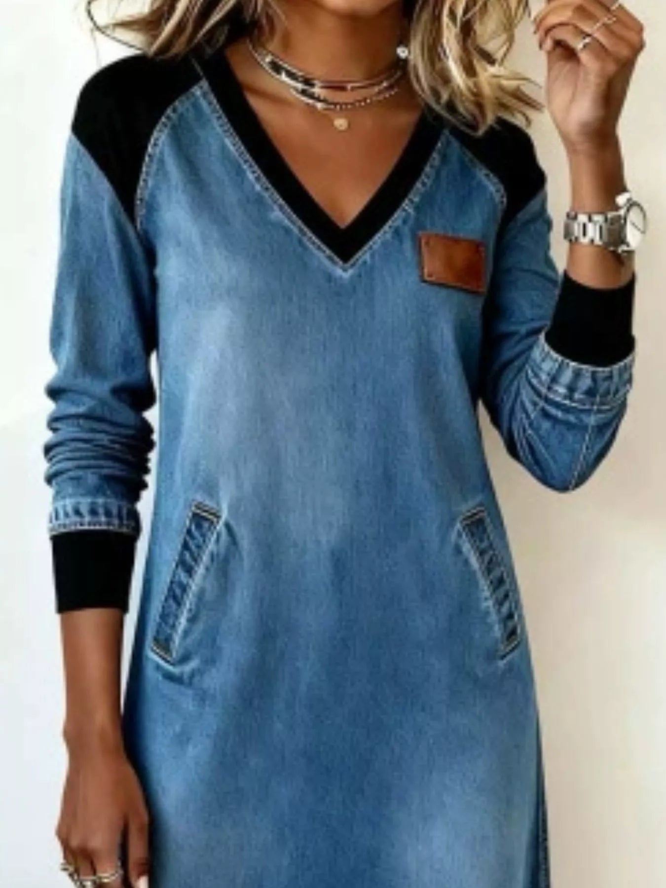 Full Size Contrast V-Neck Midi Dress Plus Size
