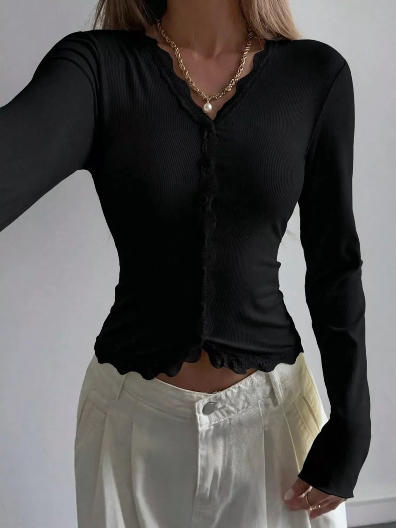 Lace Trim V-Neck Ribbed Long Sleeve Blouse