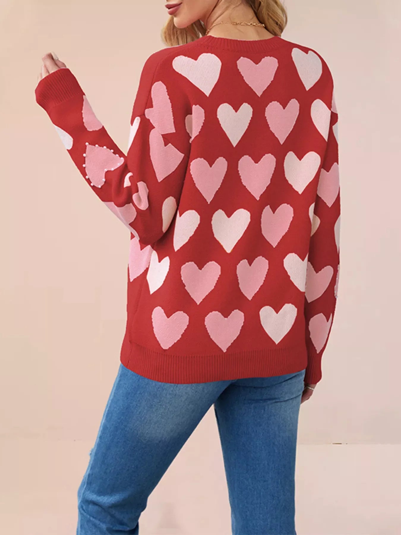 Heart Pattern Pearl Embellishments Sweater