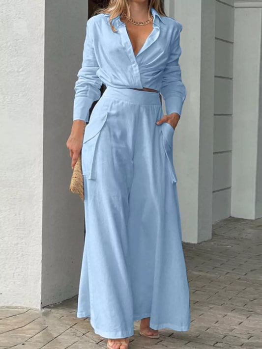 Long Sleeve Shirt and Wide Leg Pants Set