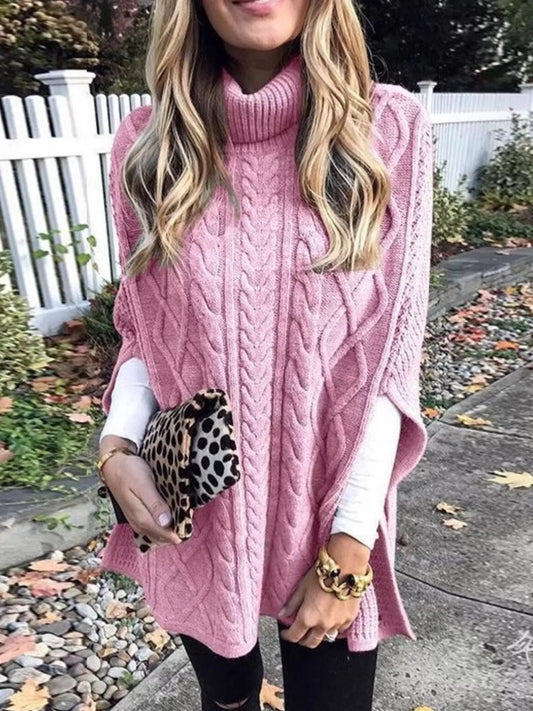 Chunky Cable Knit Turtleneck Poncho Cover Up