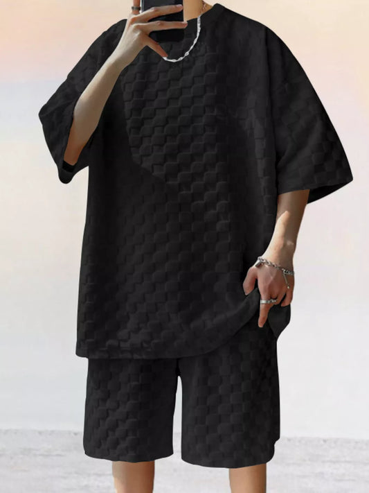 Men's Full Size Textured Short Sleeve Tee and Shorts Casual Set Plus Size