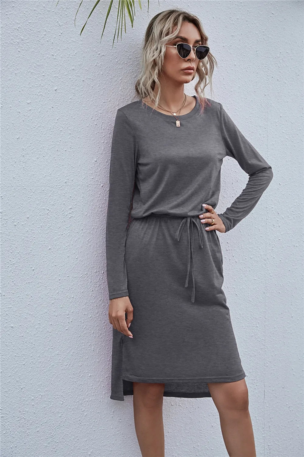 Drawstring Waist Round Neck Long Sleeve Dress