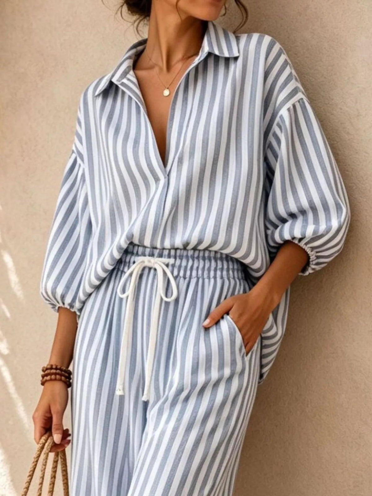 Striped Collared Shirt and Wide-Leg Drawstring Pants Set