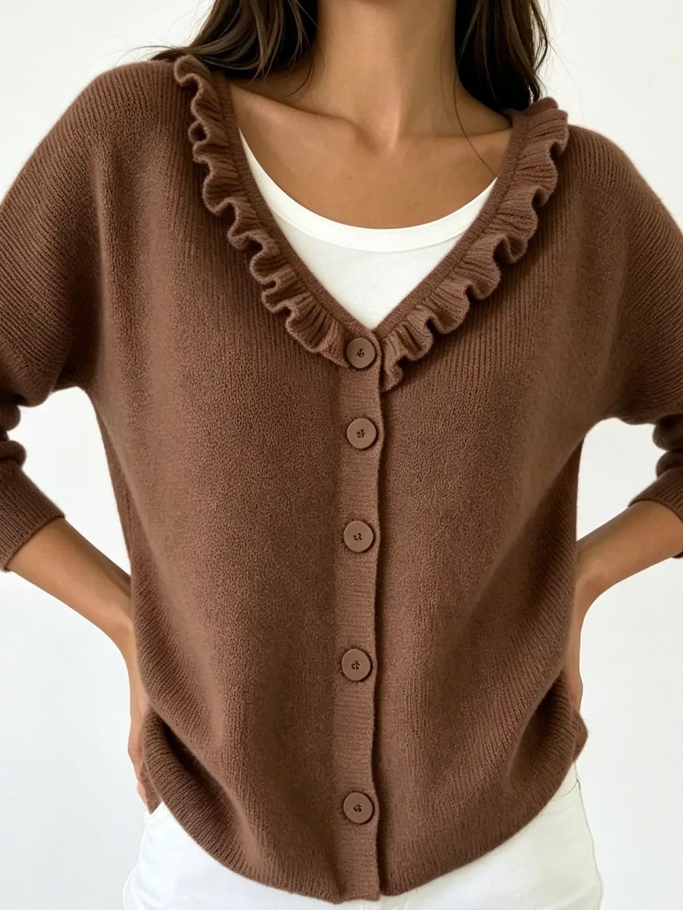 Ruffled Neckline Button-Up Cardigan