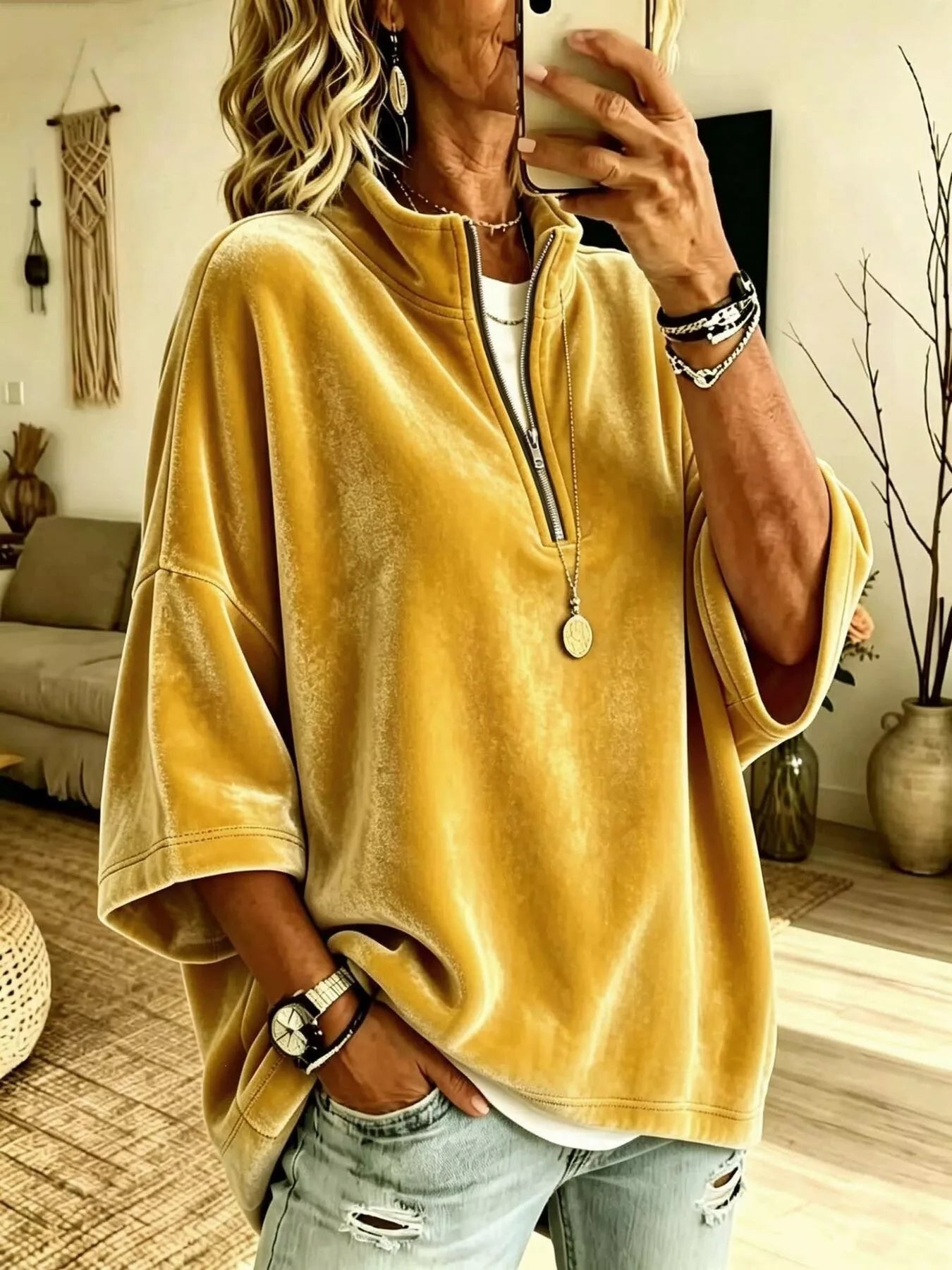 Full Size Velvet Quarter-Zip Sweatshirt Plus Size