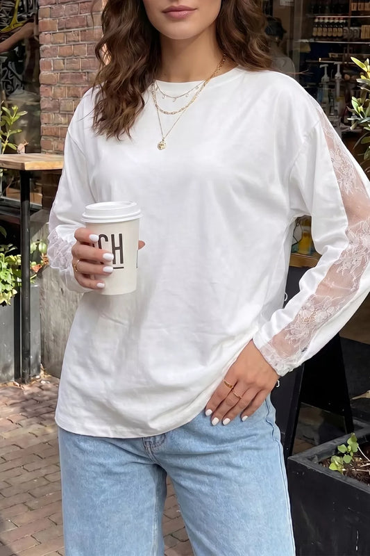 Lace Patchwork Round Neck Long Sleeve Top