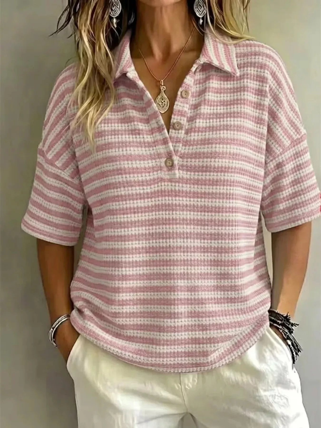 Full Size Contrast Striped Knit Polo Shirt Plus Size
