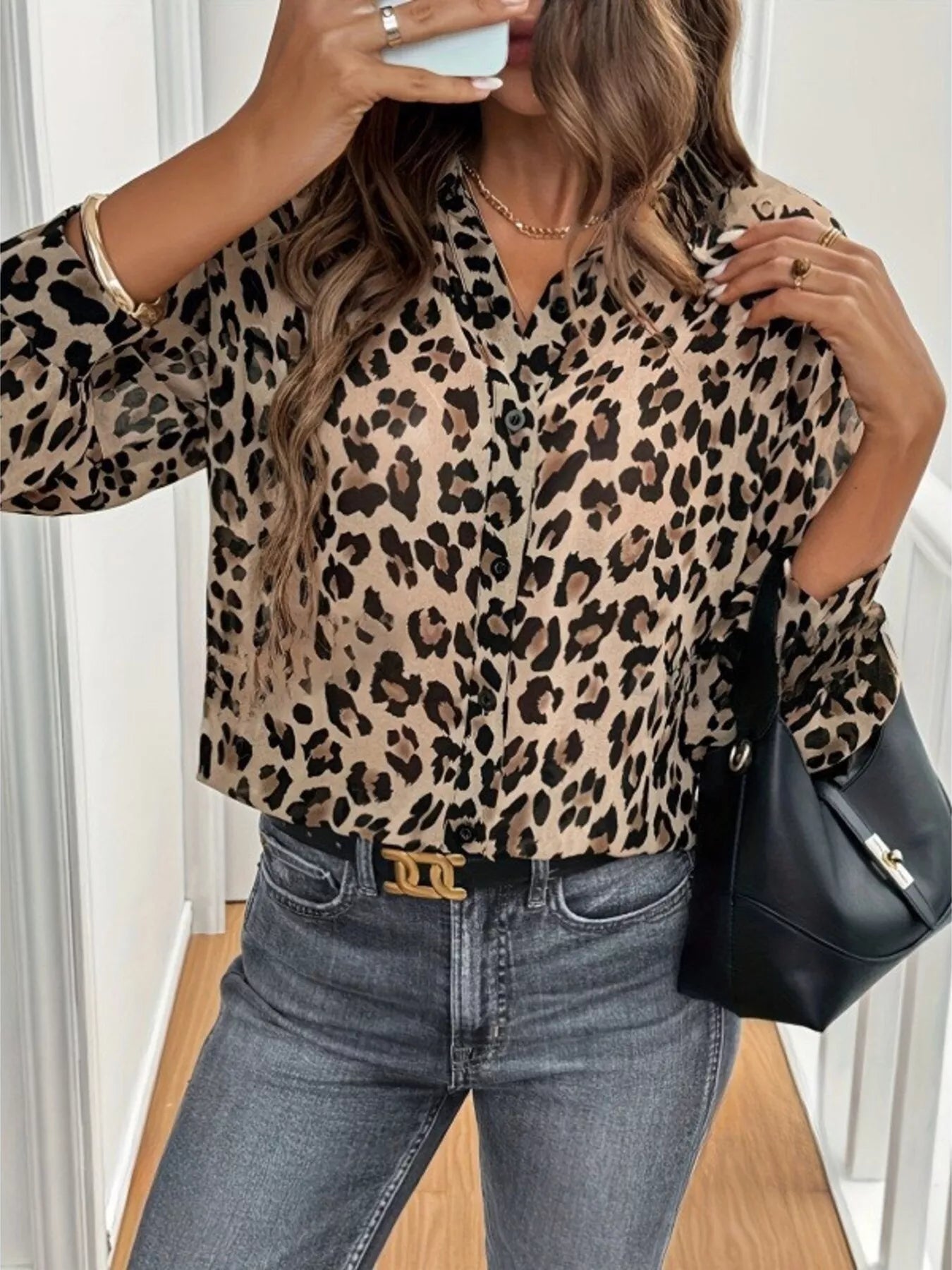 Leopard Print Button-Down Long Sleeve Shirt