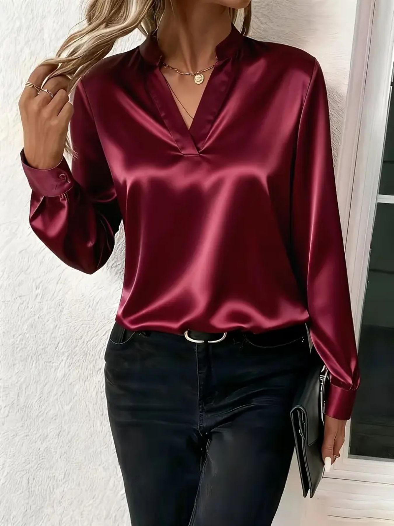 Satin Notched Long Sleeve Blouse
