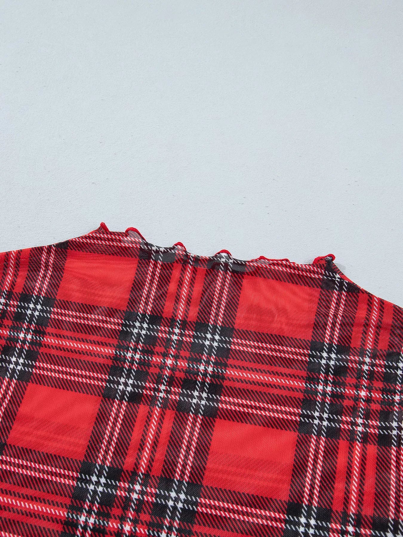 Sheer Plaid Mock Neck Long Sleeve Blouse