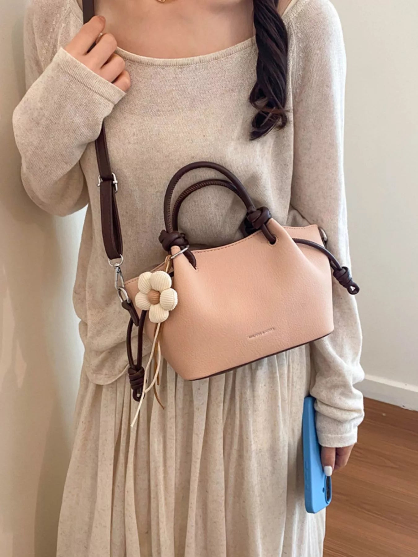 Leather Crossbody Bag with Flower Charm