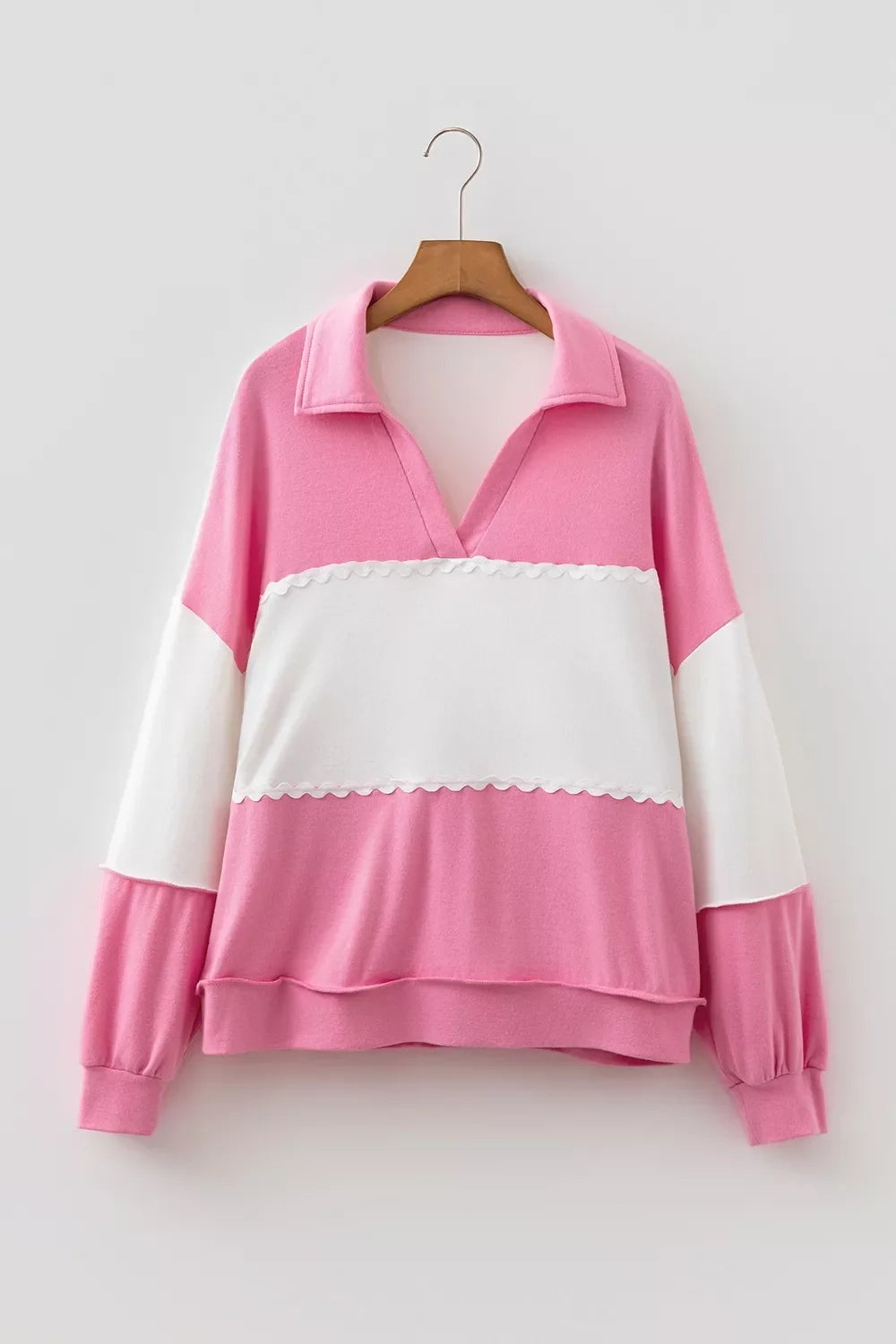 Color Block Ricrac Trim Patchwork Collar V Neck Long Sleeve Top