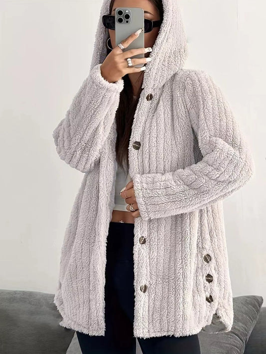Full Size Fleece Button Up Hooded Outerwear Plus Size