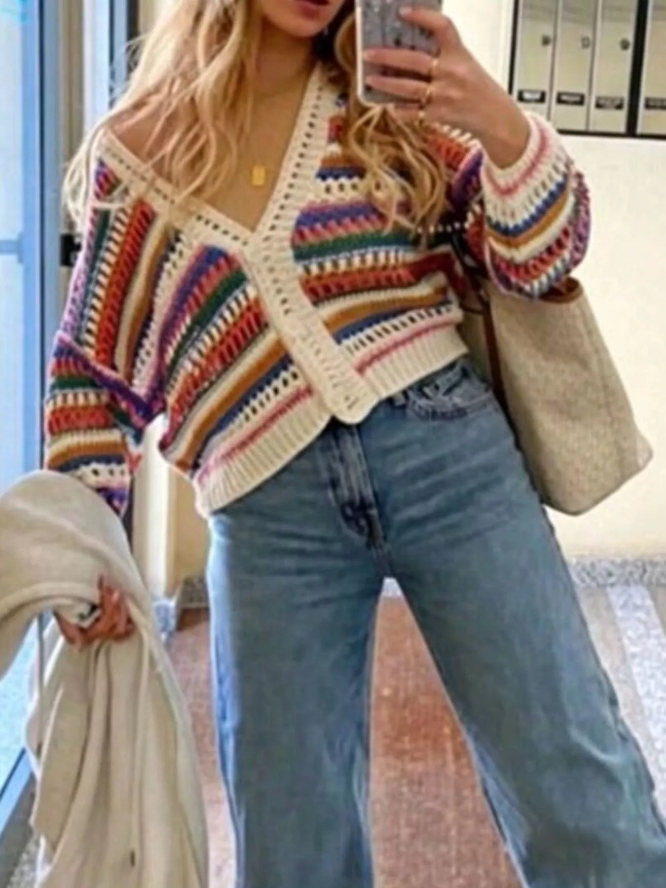 Striped Crochet Knit Cardigan
