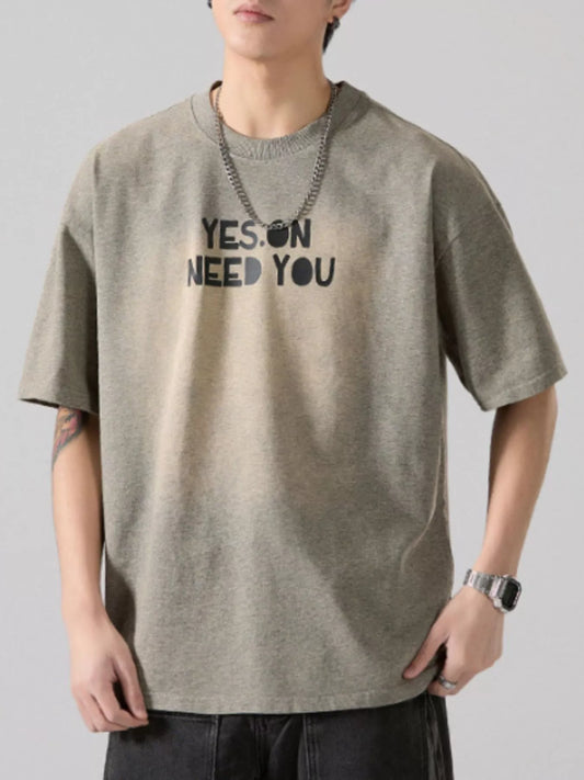 Men's Full Size Letter Round Neck Short Sleeve T-Shirt Plus Size