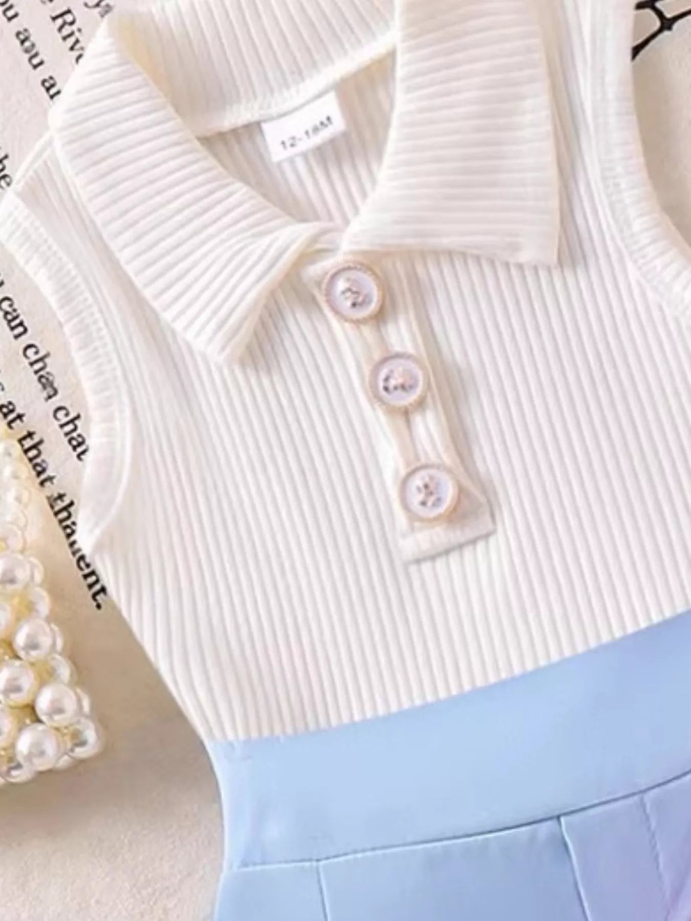 Children's Ribbed Knit Polo Top and Scalloped Pocket Shorts Set
