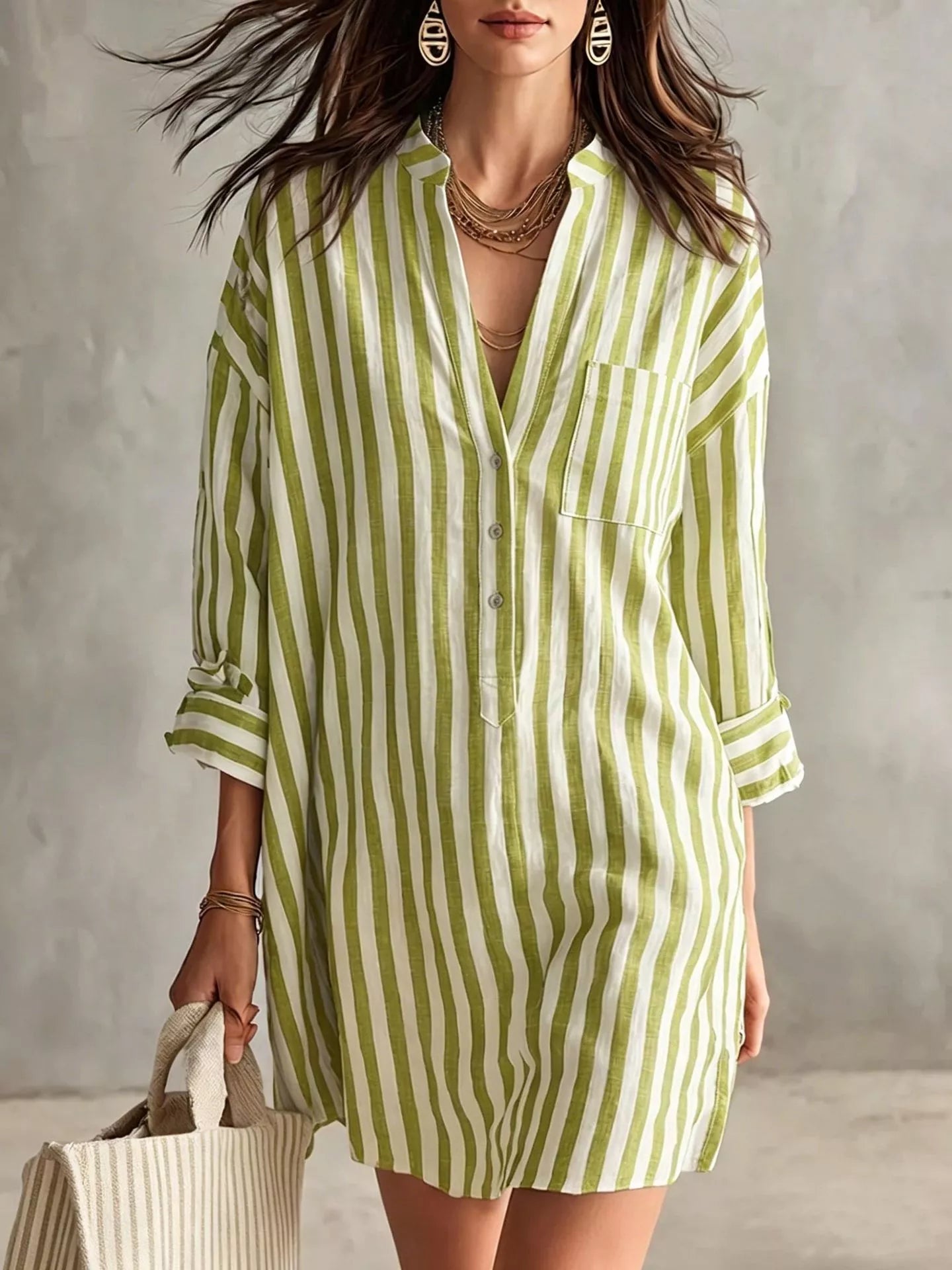 Full Size Striped Linen Shirt Mini Dress Plus Size
