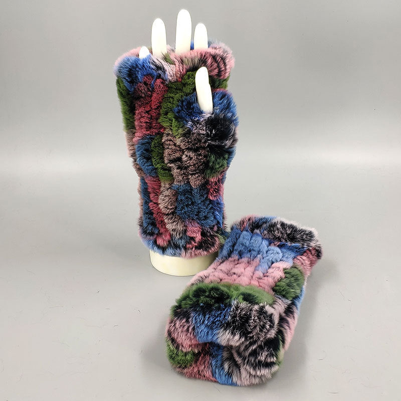 Winter Wristband Mid-Length Gloves - Rex Rabbit Fur Insulation With Striped Half-Finger Design
