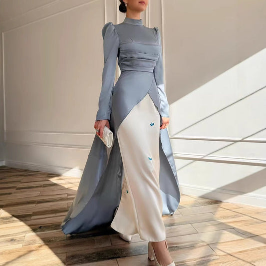 Colorblock Satin Evening Gown with Train(MA351)