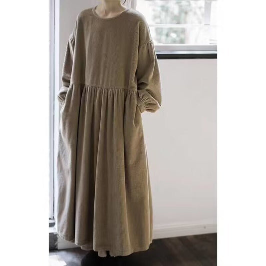 Corduroy Bubble Sleeve Maxi Dress with Pockets | Vintage Soft Corduroy Winter Dress (MS205)