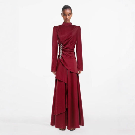 Crystal-Embellished Ruched Dress with Asymmetric Ruffle Skirt(MS346)