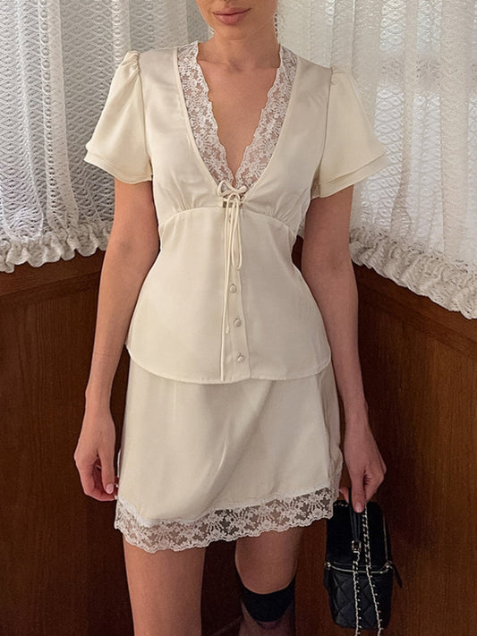 Lace Trimmed Top and Skirt Two-Piece Set