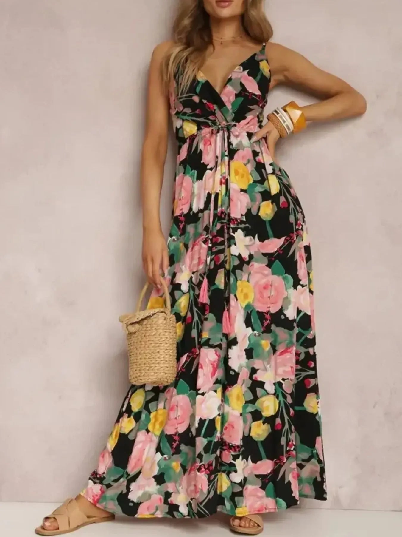 Floral Print Surplice Spaghetti Strap Maxi Dress