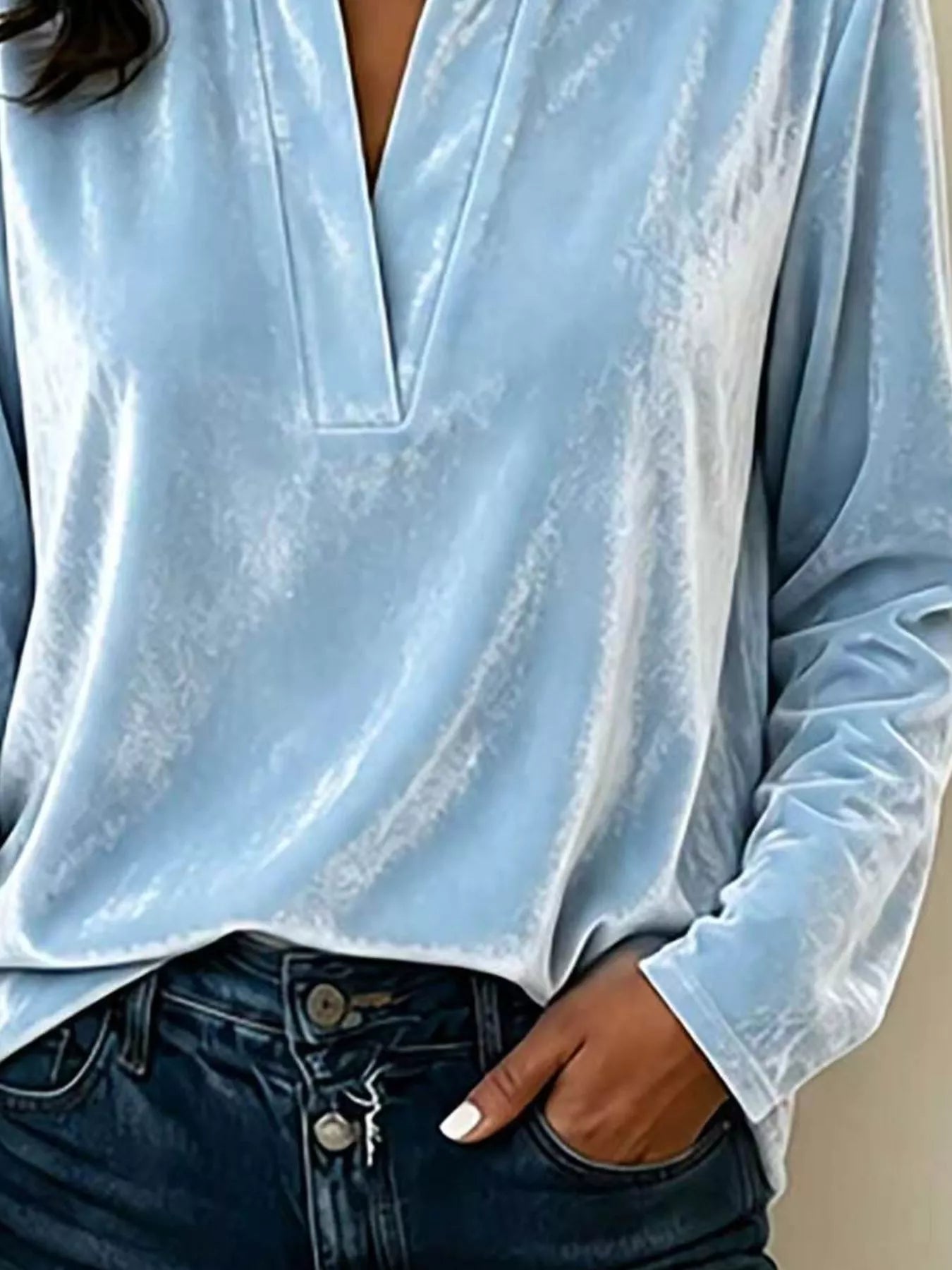 Full Size Velvet Notched Long Sleeve Blouse Plus Size