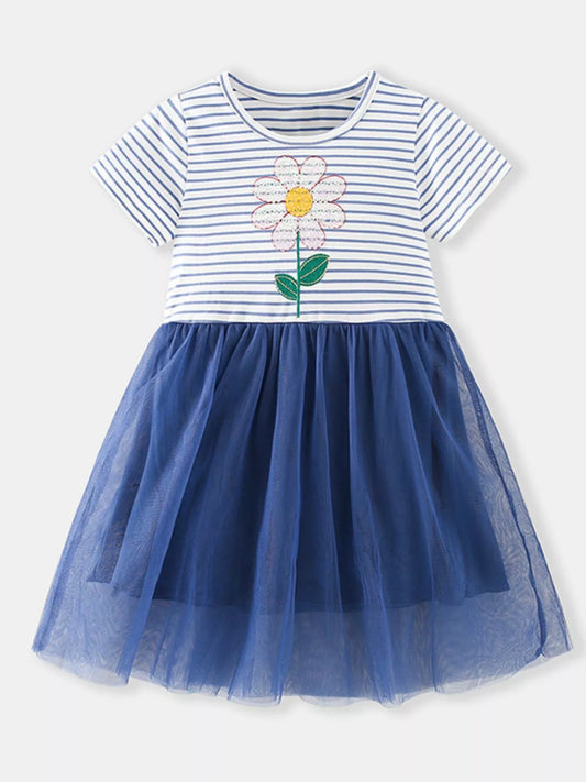 Children's Striped Sequin Flower Tulle Dress