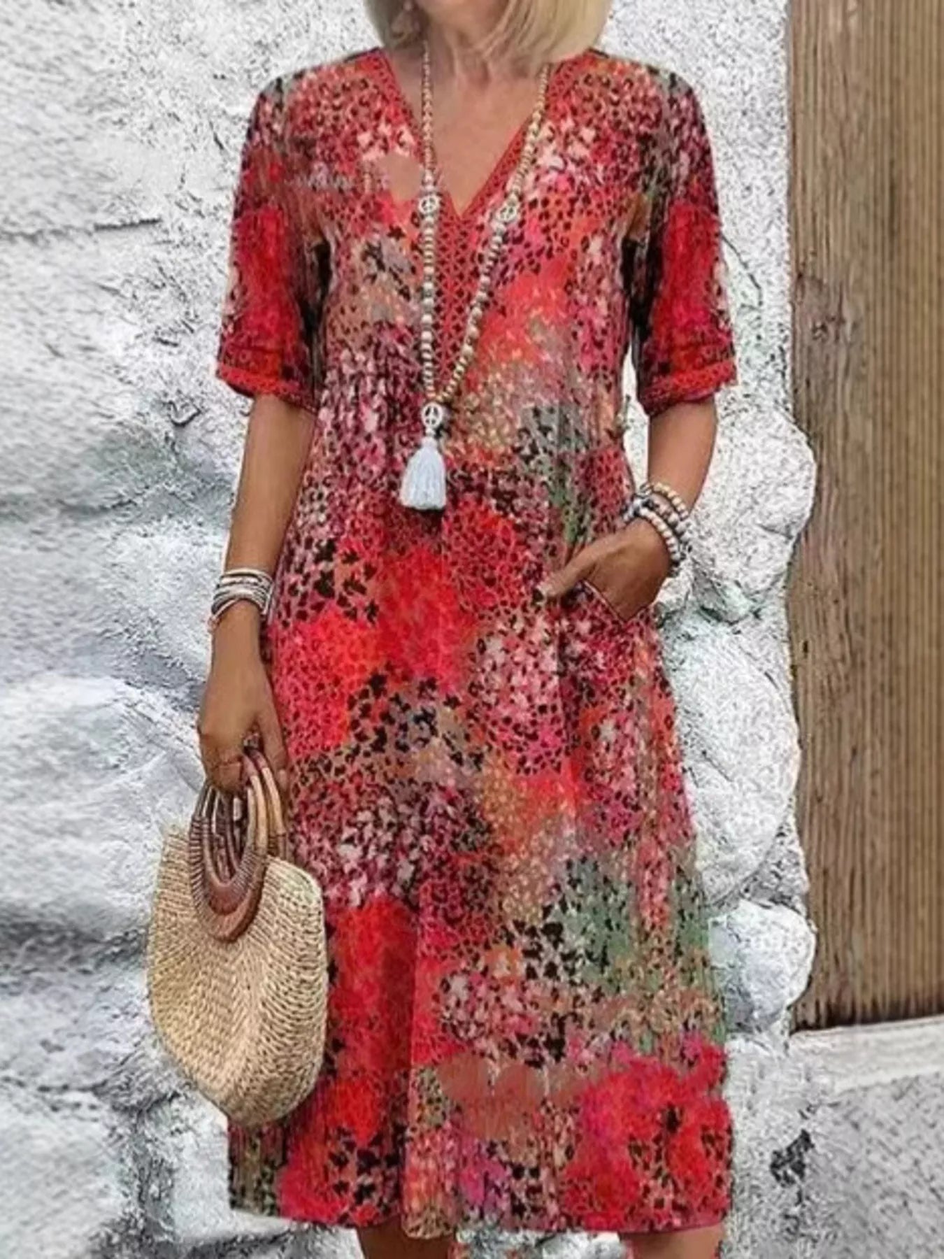 Full Size Printed V-Neck Half Sleeve Dress Plus Size