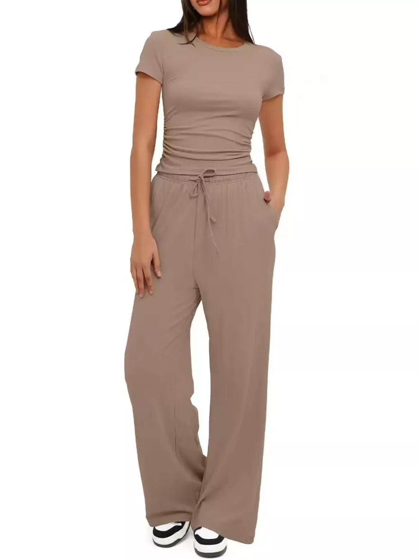 Round Neck Short Sleeve Top and Pants Set