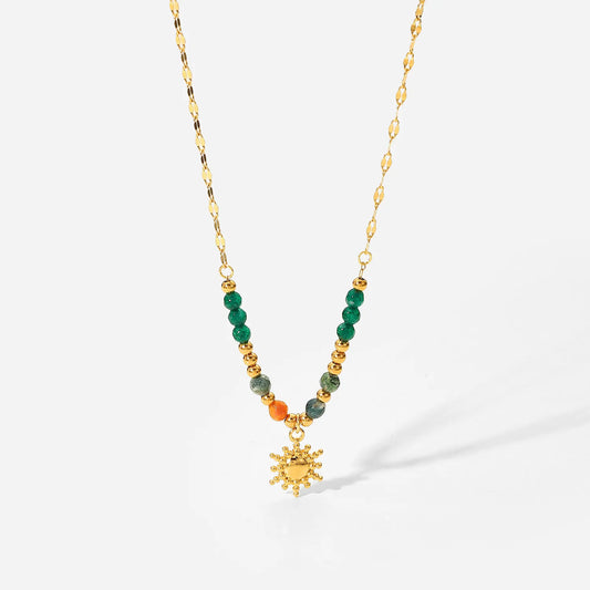 Bohemian Sun Charm Beaded Stainless Steel Necklace