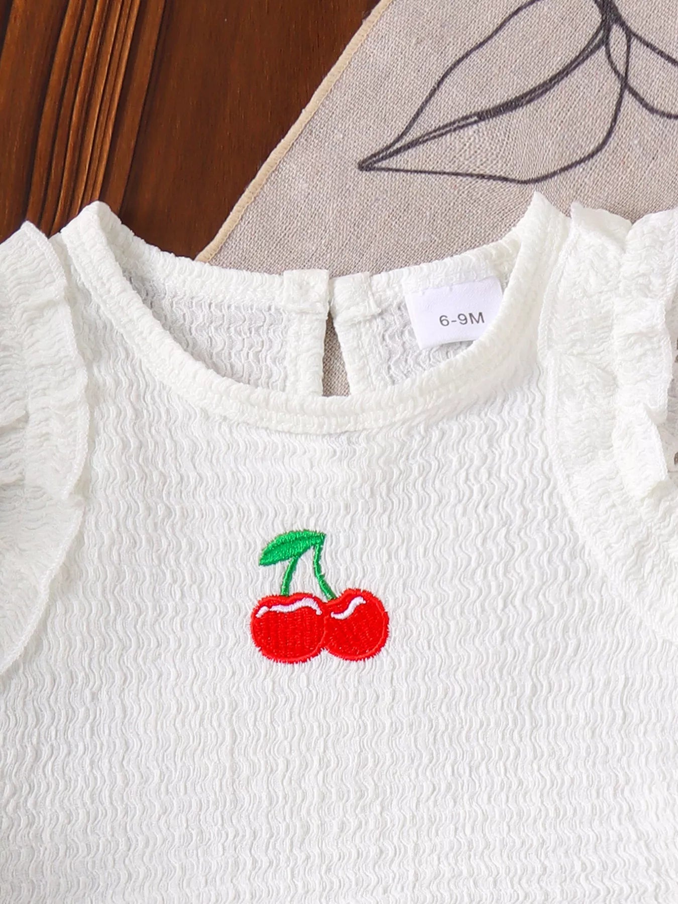 Children's Cherry Embroidered Top and Denim Shorts Set