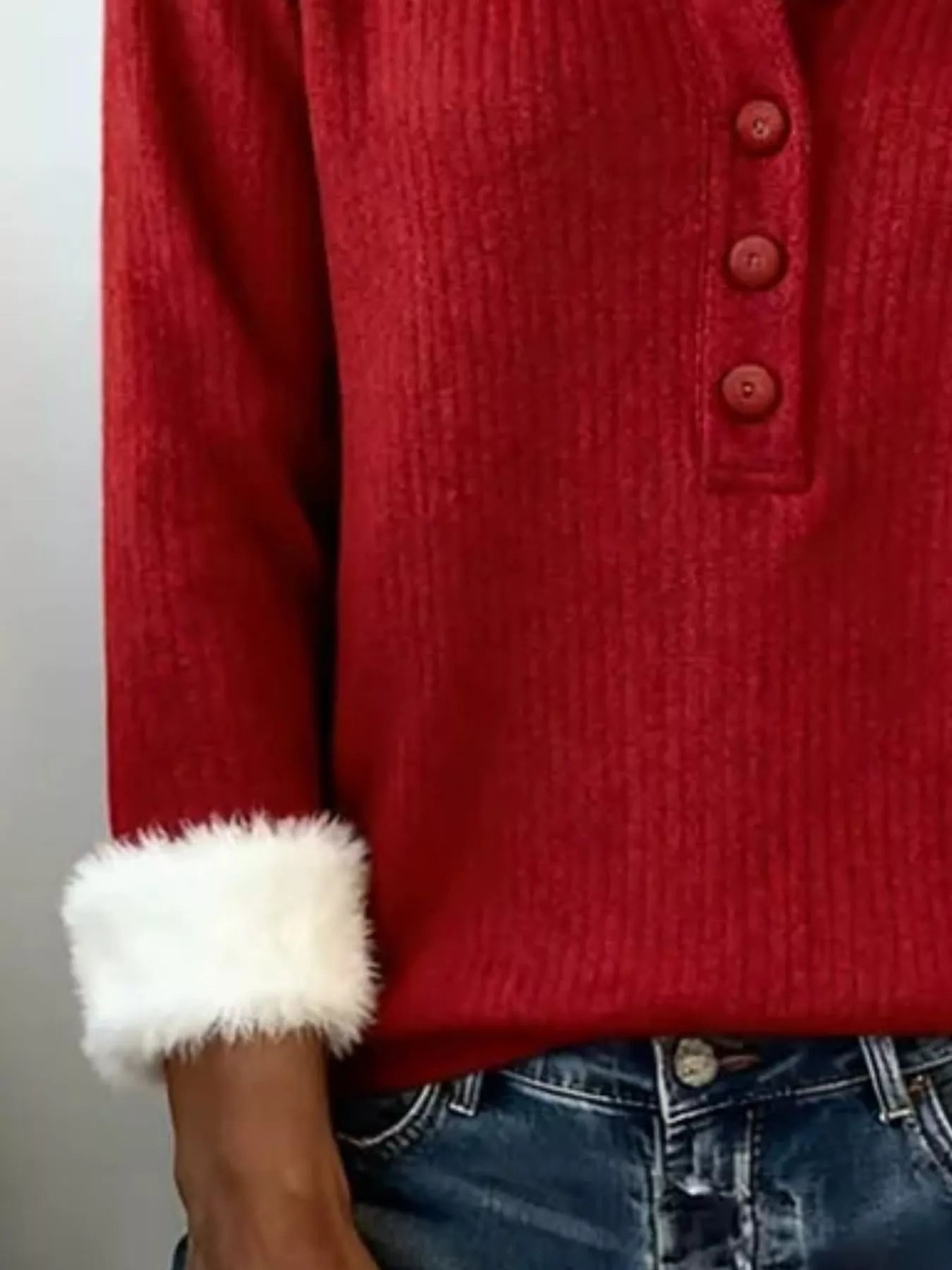 Full Size Faux Fur Trim Collar and Cuffs Sweater Plus Size