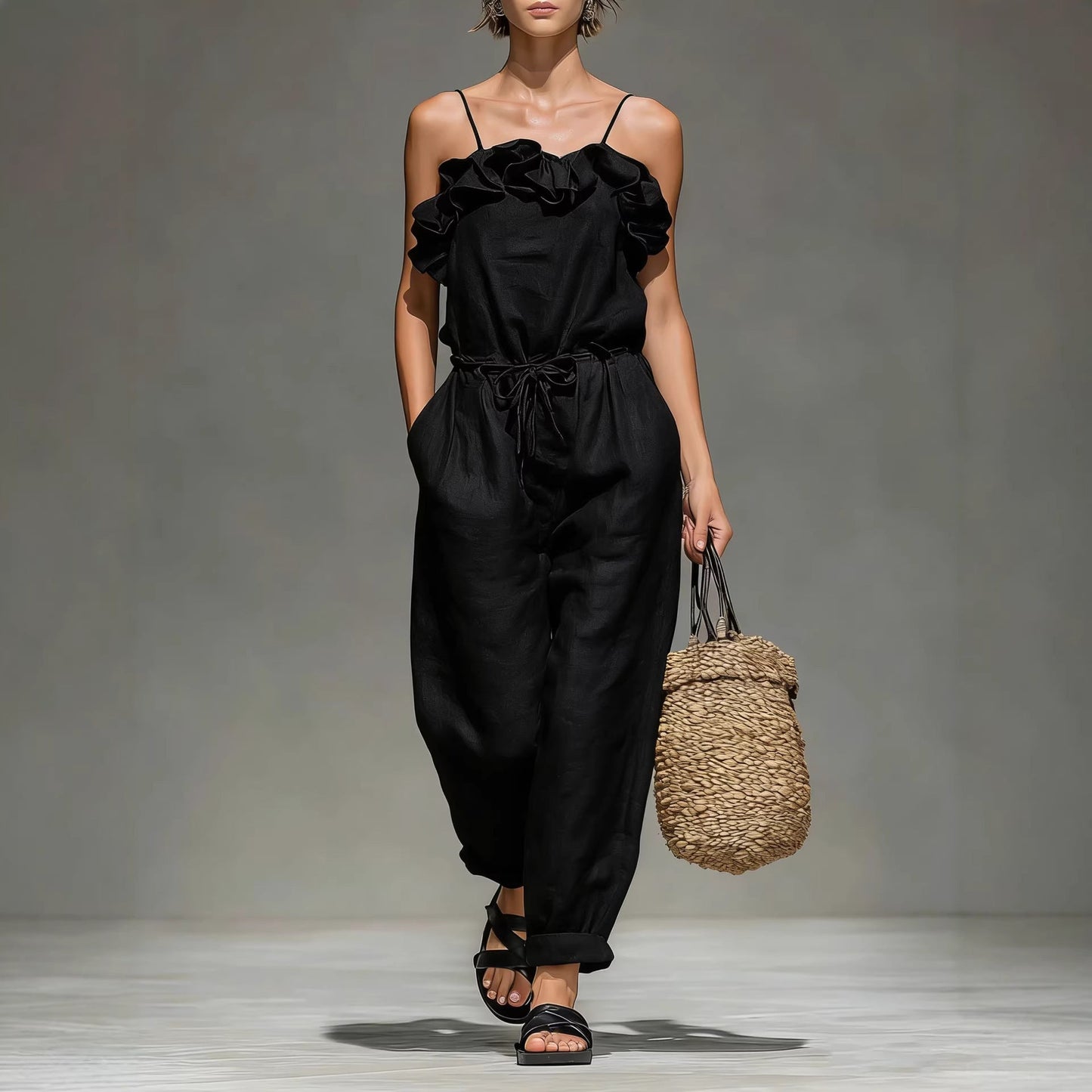 Women's Off-Shoulder Ruffle Wide-Leg Cropped Jumpsuit – Elastic Waist