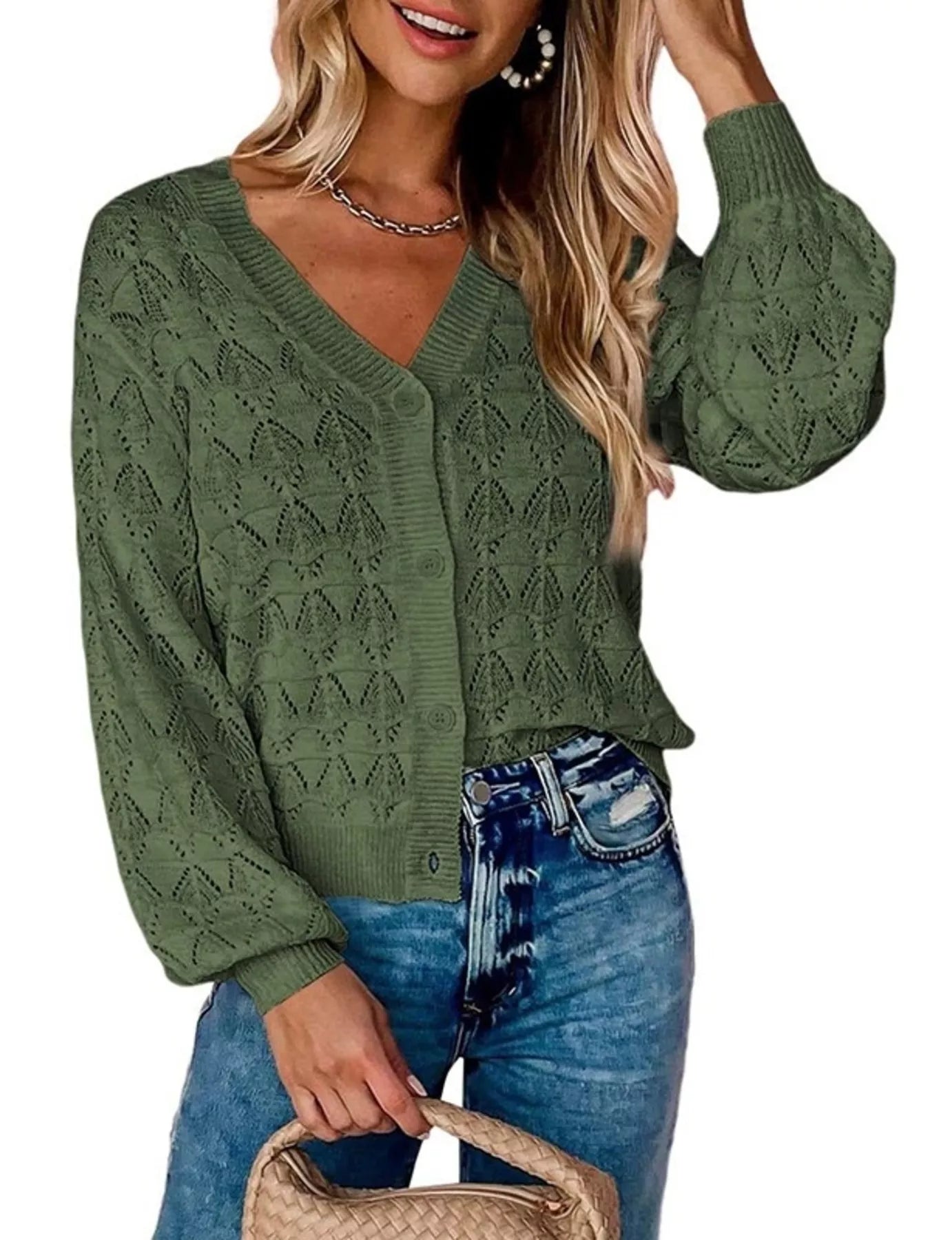 Chic V-Neck Openwork Button-Down Knit Cardigan