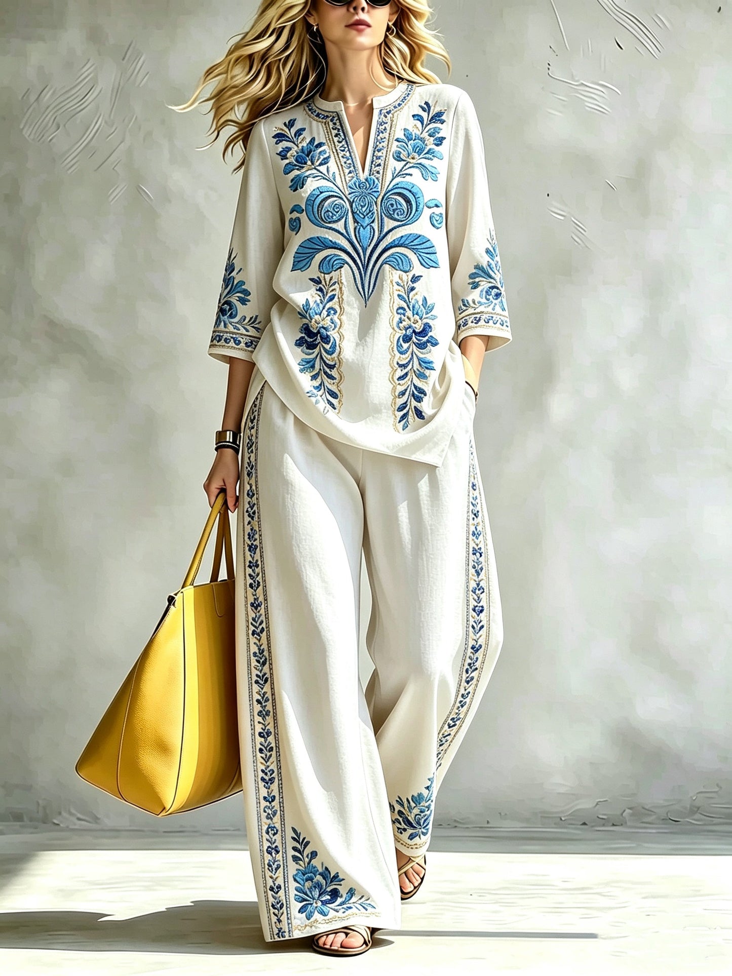 Printed Wide-Leg Trouser Set | V-Neck Top & Pants Two-Piece