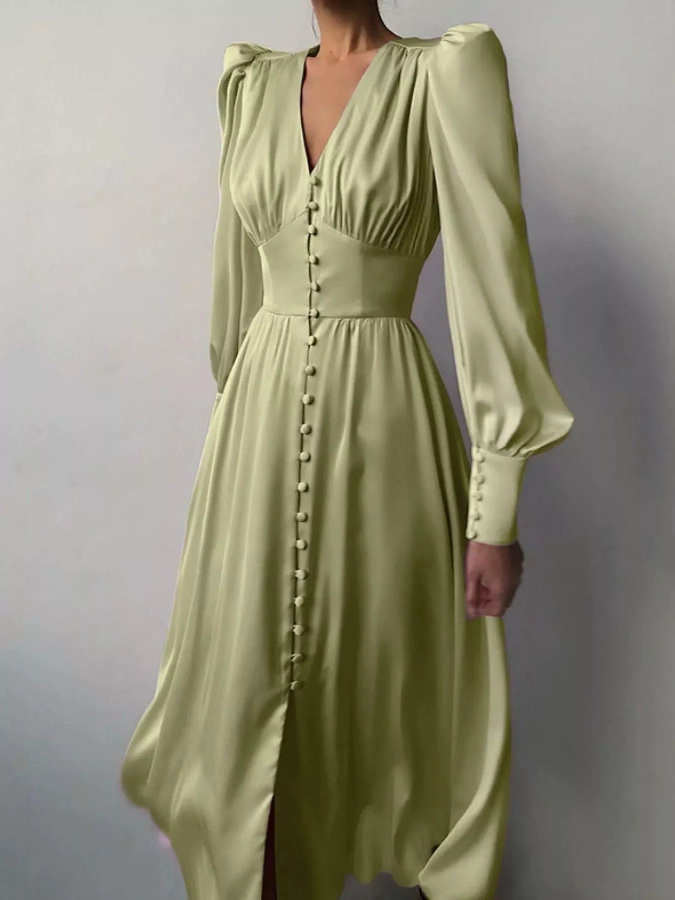 Elegant V-Neck Puff Sleeve Button-Down Midi Dress