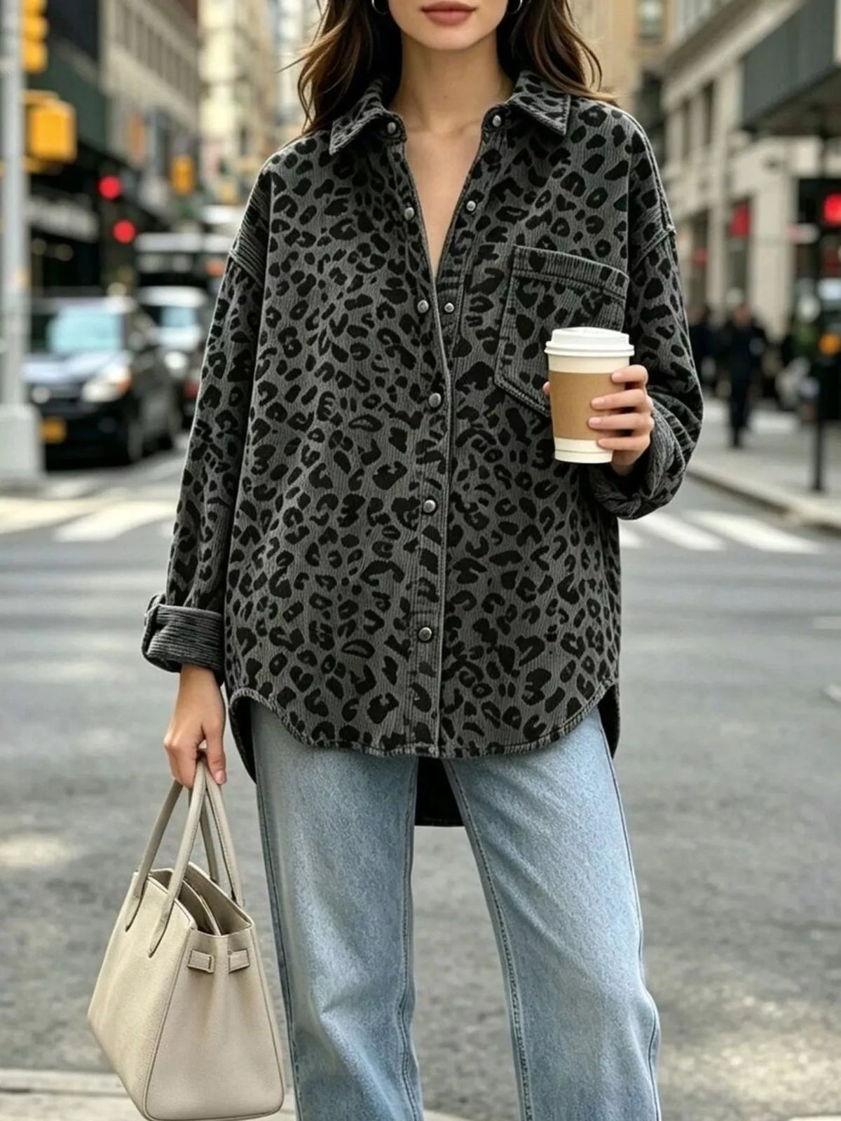 Oversized Leopard Corduroy Button-Down Shirt