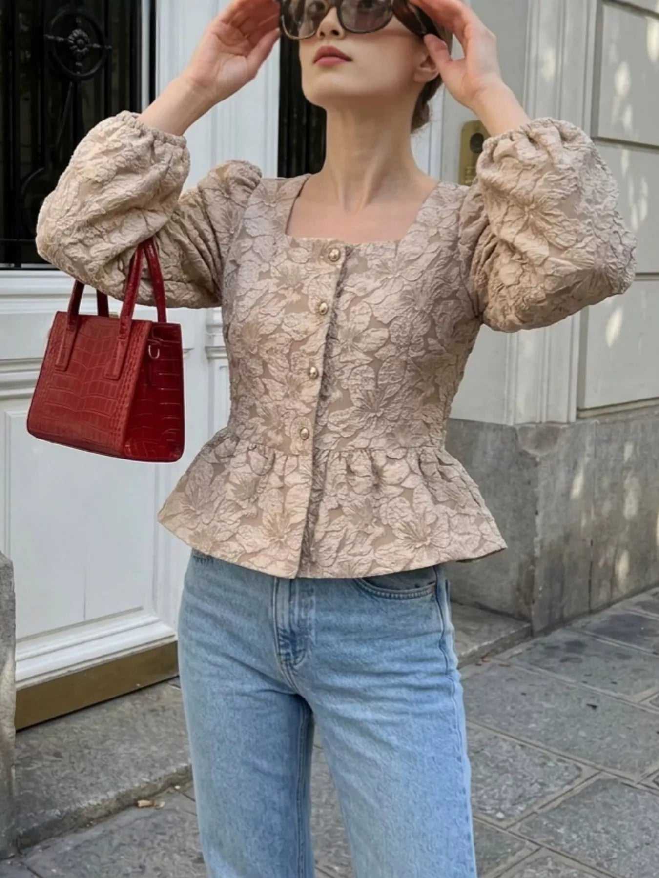Square Neck Textured Peplum Blouse