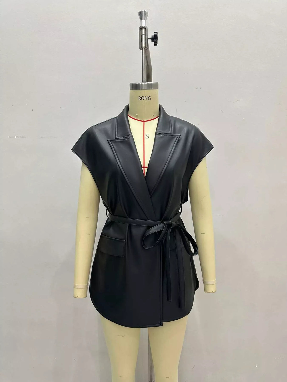 Sleek Faux Leather Belted Vest Coat